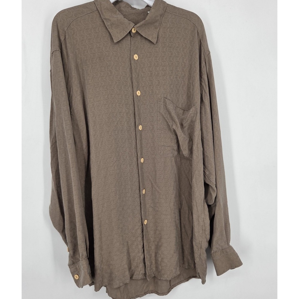 Jhane Barnes Shirt Mens Medium Brown Wave AOP Long Sleeve Pocket Button Up VTG